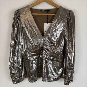 Zara Metallic V-Neck Blouse Size Large NWT